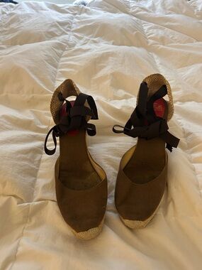 Women’s Brown Christian Louboutin Canvas Espadrille Wedge with satin tie